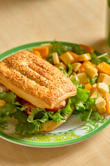 Close-up of puff pastry sandwich with fresh salad