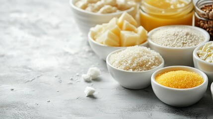 Assortment of Natural Sweeteners and Grains in White Bowls