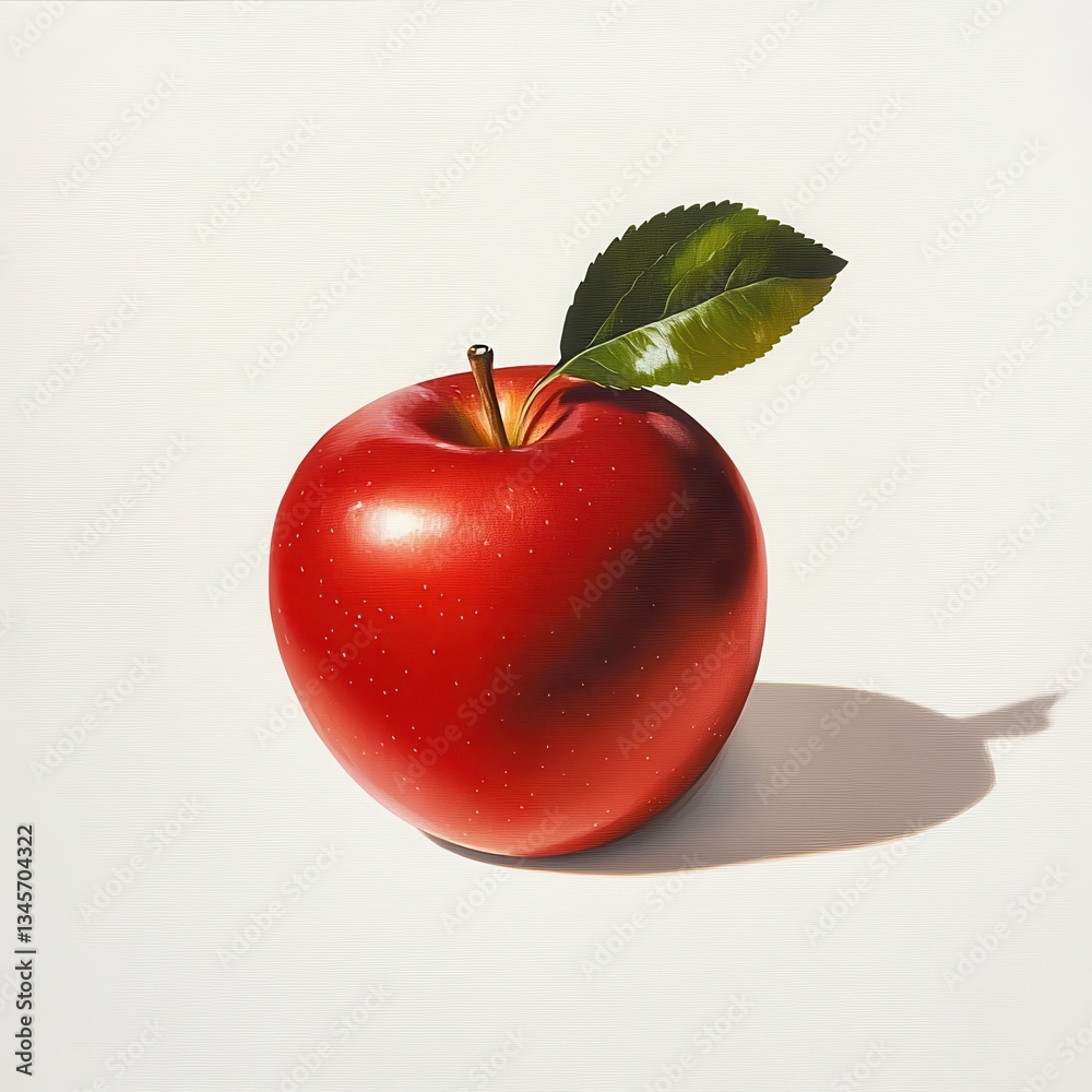 Poster shiny red apple with green leaf showcasing vibrant color and simplicity on white background