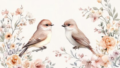 Fototapeta premium Two Brown Birds Watercolor Painting with Pastel Roses