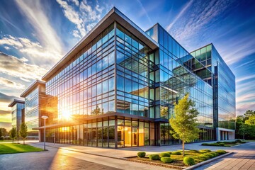 Obraz premium Modern Office Building Exterior, Silicon Valley Tech Campus, Sunny Day, Glass Facade, Corporate Headquarters