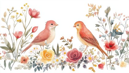 Two Pink Birds Among Watercolor Flowers