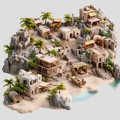 Tropical Island Village with Tropical Plants, Houses, and Shoreline