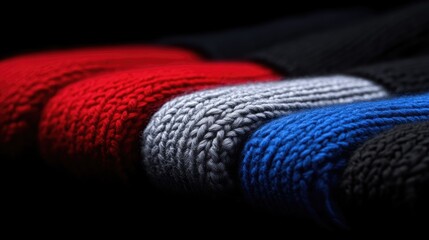 Close-up view of folded sweaters, displaying vibrant colors and knit texture