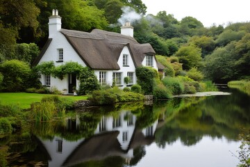 Obraz premium Idyllic thatched cottage reflecting in a peaceful pond in the English countryside
