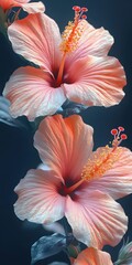 Fototapeta premium Two beautiful hibiscus blossoms bloom against a dark background