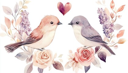 Two Watercolor Birds with Roses and Lilac in a Romantic Setting