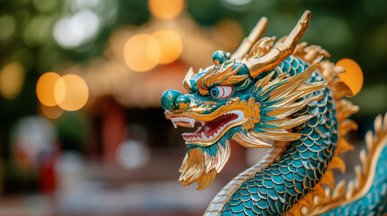 Fototapeta premium Majestic Dragon Statue: A vibrant and exquisitely crafted dragon statue, its intricate details gleaming, stands as a symbol of power and prosperity, against a bokeh backdrop.