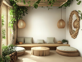 나무 좌석, 흰색 벽, 녹색 식물이 있는 아늑한 선 스타일 거실의 현대적인 인테리어 디자인(Modern interior design of cozy zen style living room with wooden seat, white wall and green plants)