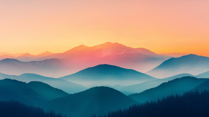 Mountain Sunrise: A breathtaking view of majestic mountain ranges fading into the horizon at sunrise, showcasing layers of blue and green, bathed in the warm hues of orange and pink.