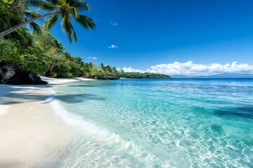 Fototapeta premium Tropical beach with palm trees and turquoise water gently lapping the white sand