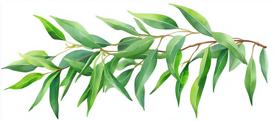 흰색 배경에 녹색 잎이 있는 수채화 유칼립투스 가지, 벡터 일러스트레이션(Watercolor eucalyptus branch with green leaves on white background, vector illustration)