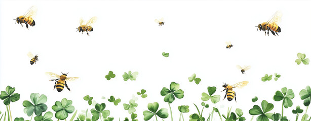 클로버밭 위를 날아다니는 꿀벌을 그린 수채화 그림. 흰색 배경과 테두리 디자인이 완벽한 패턴을 만들어냅니다.(A watercolor painting of a bee flying over a field of clover. The white background and border design create a perfect pattern.)