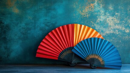 Colorful Hand Fans on Rustic Teal Background