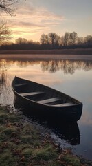 A serene morning scene featuring a lonely boat gently resting by the riverbank. Soft clouds and golden sunlight create a peaceful atmosphere. Generative AI