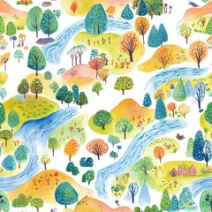 Obraz premium Colorful doodle landscape featuring trees, rivers, hills, and playful elements in watercolor style