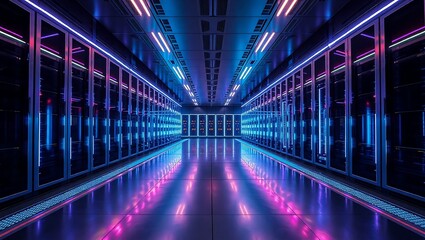 Fototapeta premium Neon-Lit Server Room with Glowing Data Racks in a Futuristic Corridor