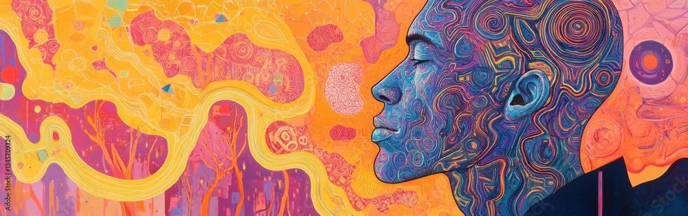 Fototapete mystical profile of a man filled with vibrant patterns and colors against an enchanting backdrop