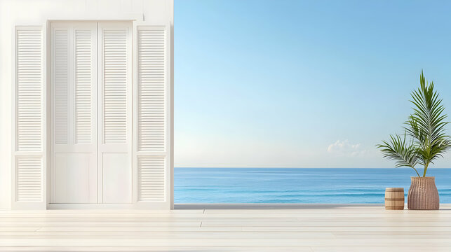 Coastal View Through White Window With Open Shutters Revealing Blue Ocean And Sky With Potted Plant