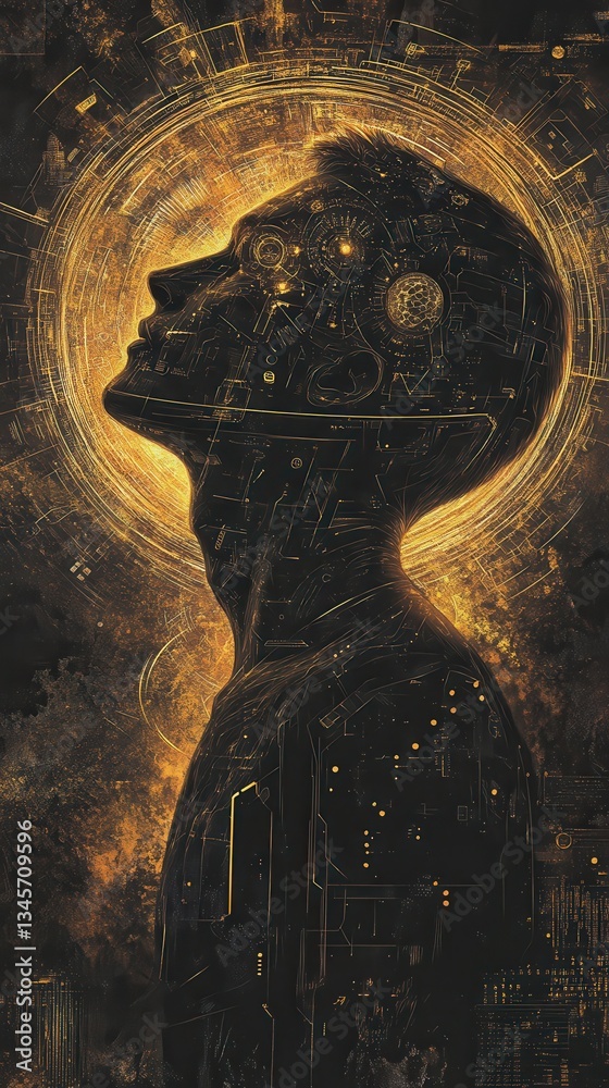 Leinwandbilder Mystical profile of a man illuminated by intricate golden patterns and celestial designs