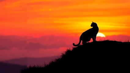 Silhouette of a Cat at Sunset on a Hilltop &ndash; Peaceful Nature Photography