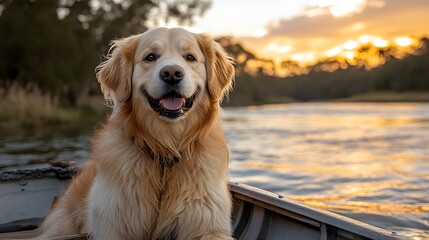 Golden Retriever Enjoying a Sunset Boat Ride on a Serene River
