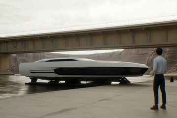 A sleek modern yacht resting at the riverside dock structure