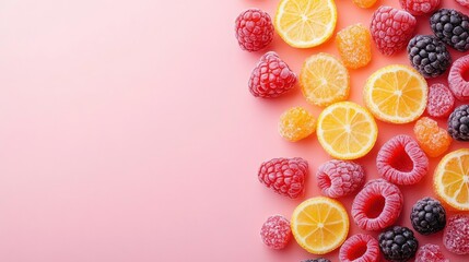 Frozen Raspberries and Lemon Slices on Pink Background - Summer Food Photography