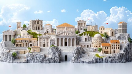 Obraz premium Ancient Greek Architecture Model on Rock with Blue Sky Background