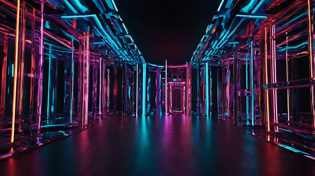Vibrant Neon Illumination in Futuristic Abstract Art Installation with Dynamic Symmetry and Multicolor 3D Effects
