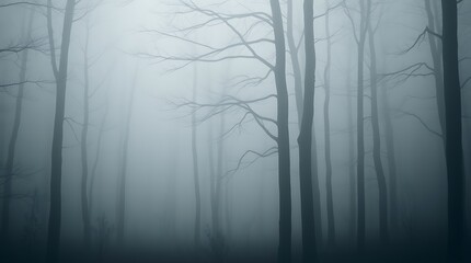 A bold acrylic painting of a foggy forest at morning.