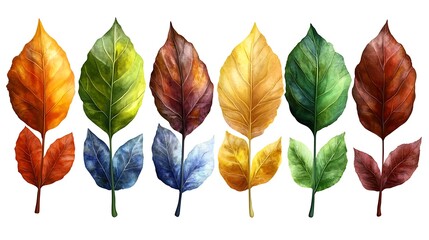Fototapeta premium Vibrant Autumn Leaves Watercolor Collection: A Spectrum of Fall Colors