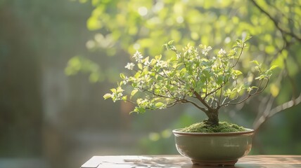 Miniature Bonsai Tree in Soft Sunlight, Lush Green Background