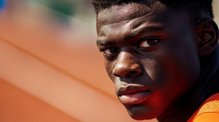 A focused young athlete takes a moment to reflect. His intense gaze shows determination and passion for his sport. Evoking inspiration and drive to succeed. Generative AI