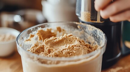 Process of making chocolate cake with almonds in a metal mixing bowl.