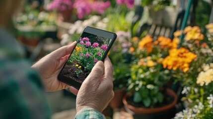Gardener examining soil and flowers with smartphone during bright day in a vibrant garden