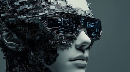 Humanoid portrait with VR glasses made by computer circuits Metaverse concept Generative AI
