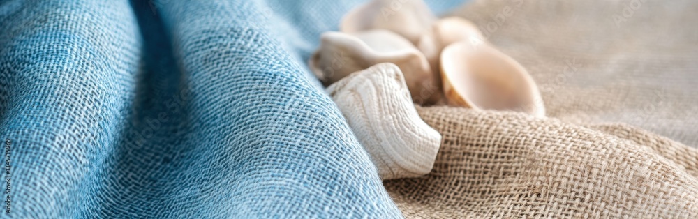 Poster calming textures of blue fabric and natural shells create a serene coastal ambiance in soft light