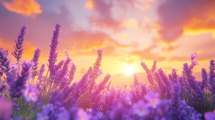 Stunning Lavender Fields Under a Vibrant Sunset Sky with Clouds and Warm Tones in a Serene Landscape Setting