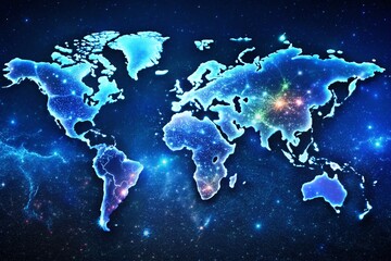 Naklejka premium Night World Map: Illuminated Countries & Oceans - Stunning Global Geography Stock Photo