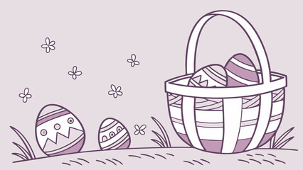 A basket with eggs and flowers on a light purple background in a simple outline style. Perfect for Spring Invitations, Holiday Branding, and Creative Event Projects