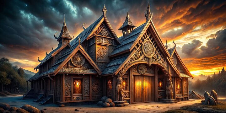 Norse Mythology Architectural Design: Intricate Wood Carvings & Runes