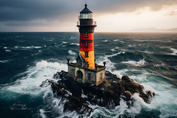 lighthouse serves as a protector during a storm, highlighting its solitary presence, turbulent ocean, and guiding light that assists ships in harsh weather conditions