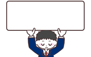 申し訳なさそうに看板掲げる男子学生イラスト