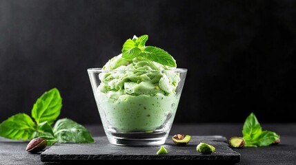 Creamy Pistachio Delight Served in a Clear Glass Cup Against a Dark Background