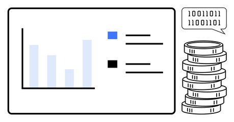 Fototapeta premium Bar chart and text liston screen, speech bubble with binary code, stack of coins. Ideal for finance, data analysis, technology, economy, investment cryptocurrency digital payments. Flat simple