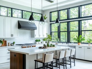 Bright Modern Kitchen with White Cabinets and Large Windows