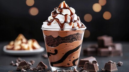 Decadent Chocolate Trifle with Caramel Sauce in a Clear Glass Cup Topped with Whipped Cream