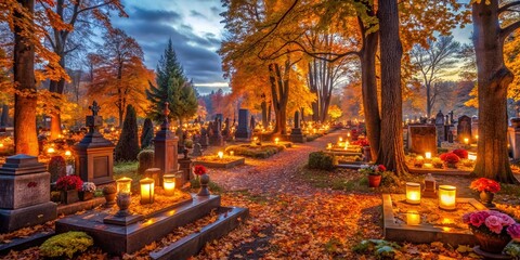 Panoramic All Saints Day Cemetery, Autumnal Scenery, Gravestones, Candles, Peaceful Remembrance
