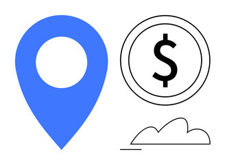 Blue location marker, dollar coin, and minimalist cloud outline. Ideal for finance, economic growth, cloud computing, digital economy, investment technology global business. Flat simple metaphor